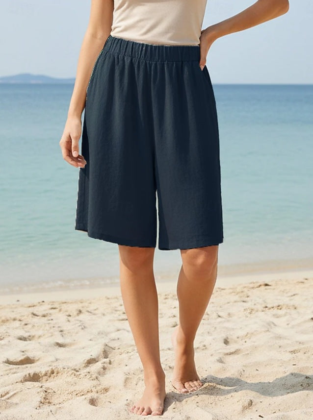 Summer Loose Casual Cotton-Linen Elastic-Waist Wide-Leg Shorts For Women