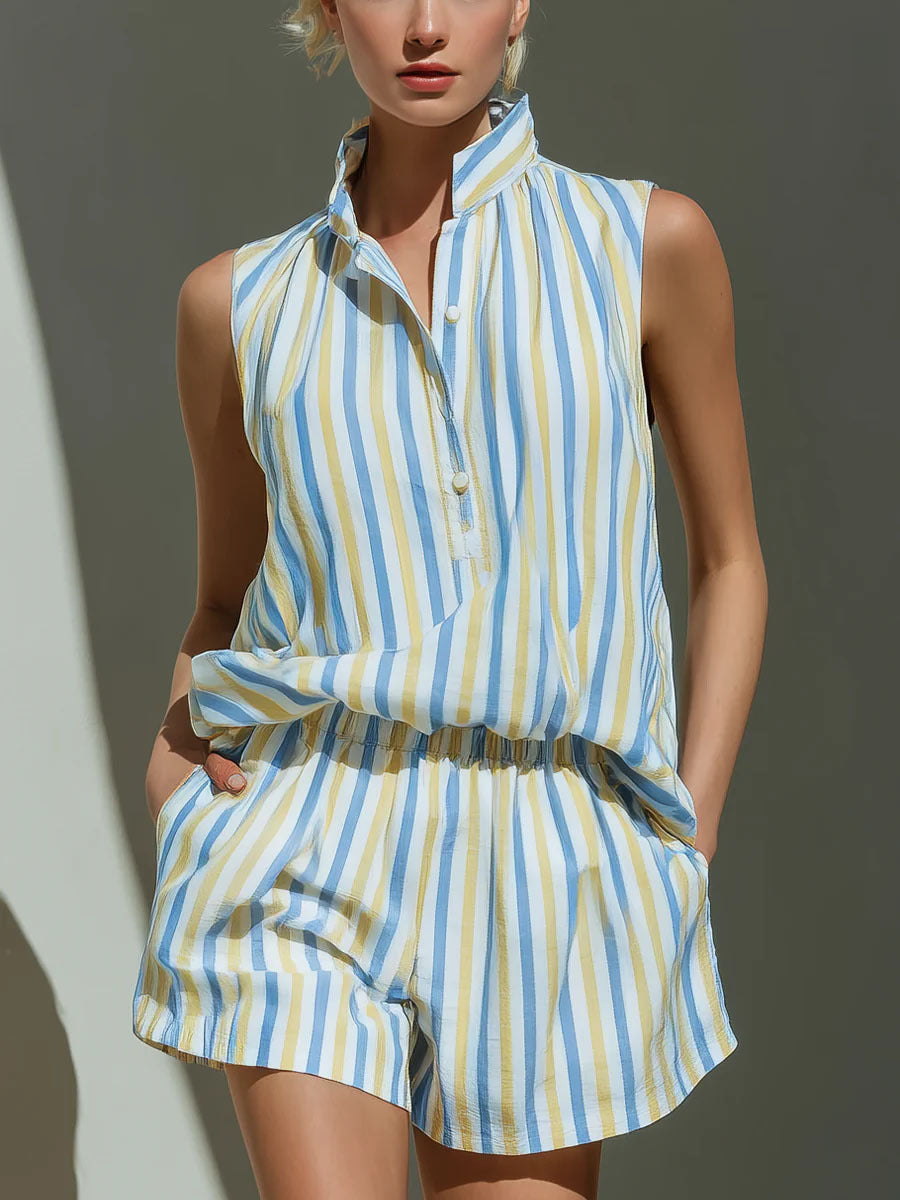 Sleeveless Stand Collar Striped Vest And Casual Shorts Two-Piece Set