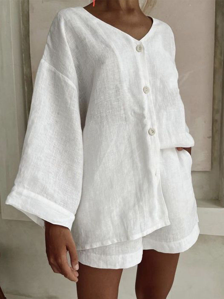 Fashionable Cotton-Linen Shirt And Shorts Casual Set