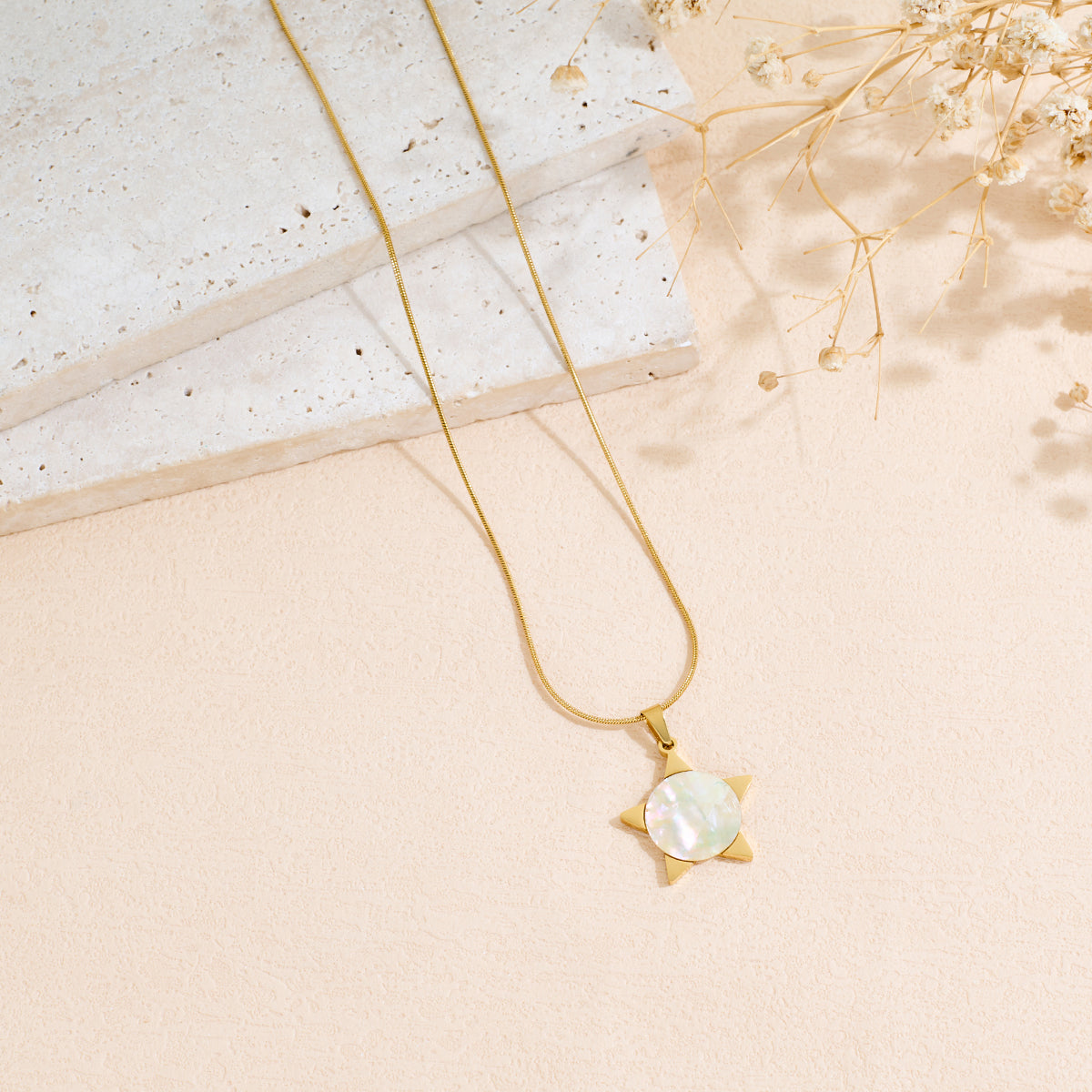 Stainless Steel Moon And Star-shaped Inlaid Shell Pendant Necklace
