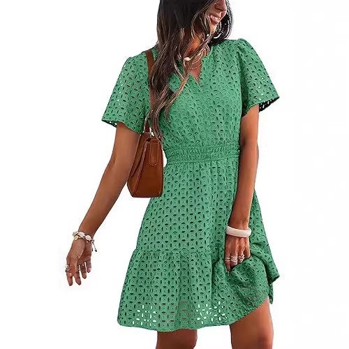 Womens Hollow-out Lace Short-sleeve Dress