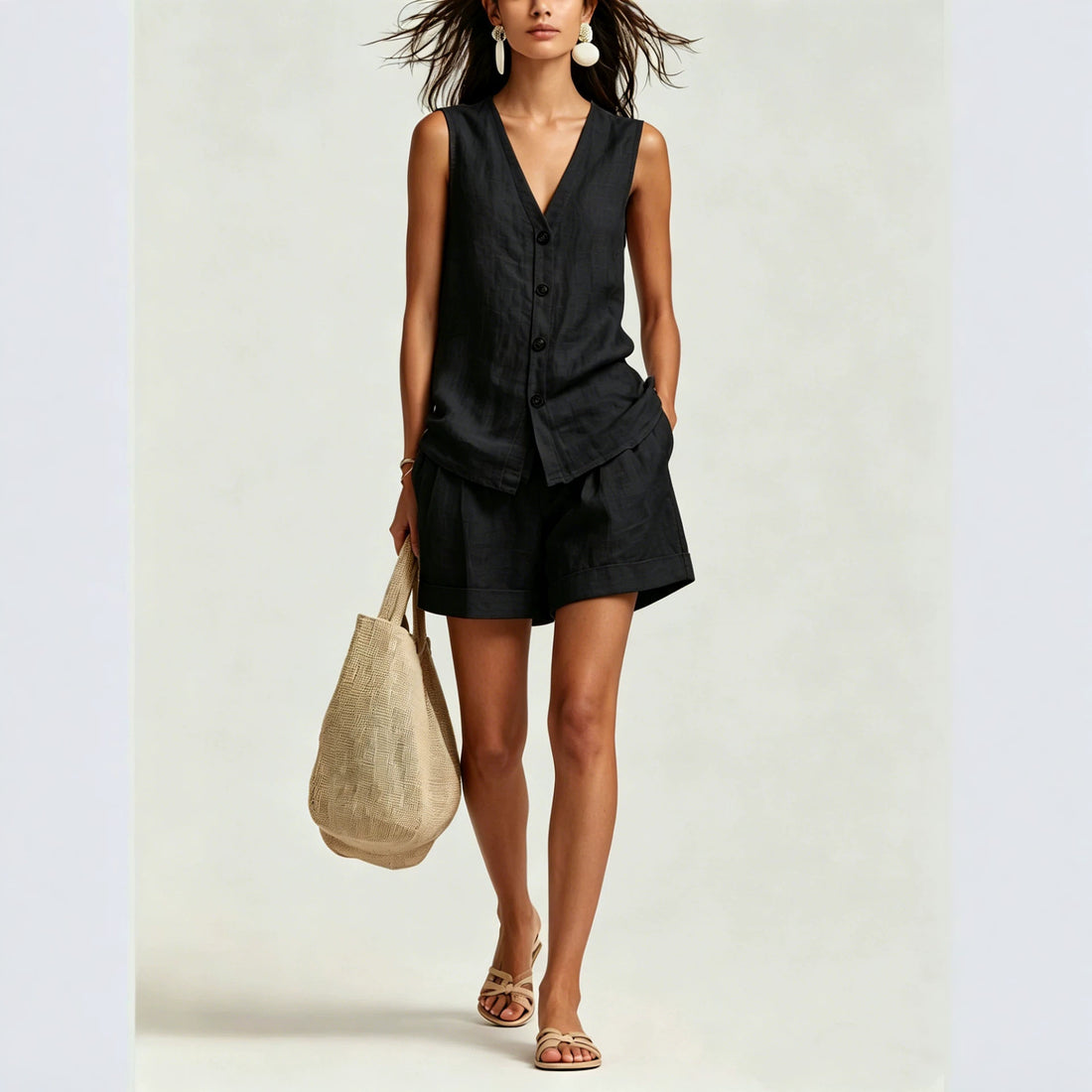 Women's Casual Sleeveless Vest And Shorts Set