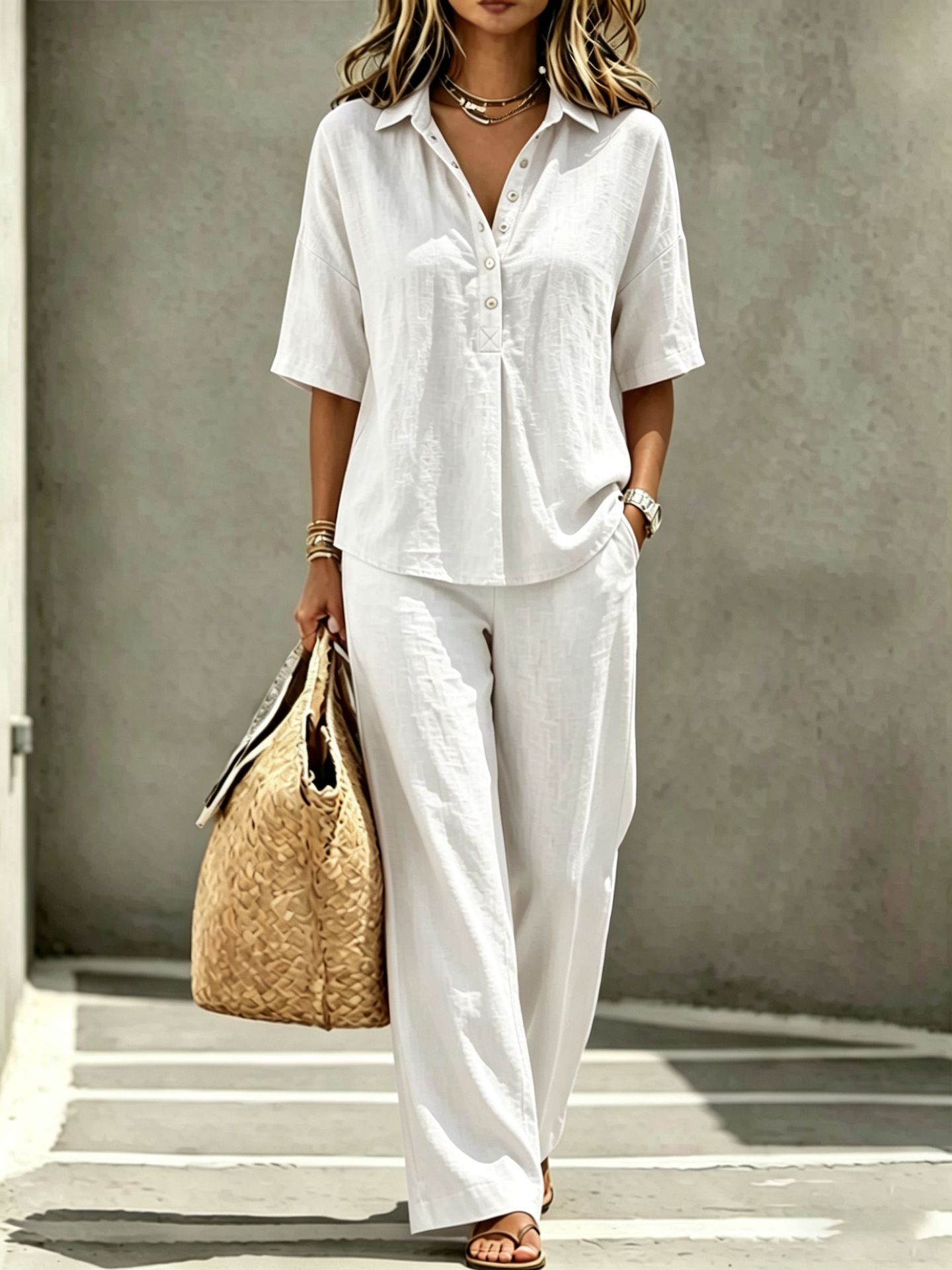Womens Polo-Neck Button-Up Top And Wide-Leg Pants Two-Piece Set
