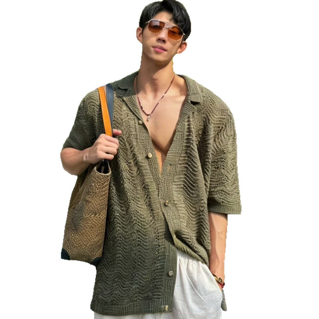 Retro Old Money Style Cuban Collar Hollow-Out Knitted Shirt For Men