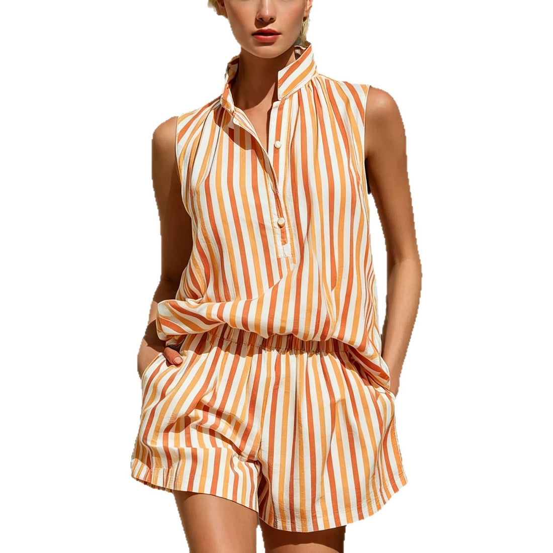 Sleeveless Stand Collar Striped Vest And Casual Shorts Two-Piece Set