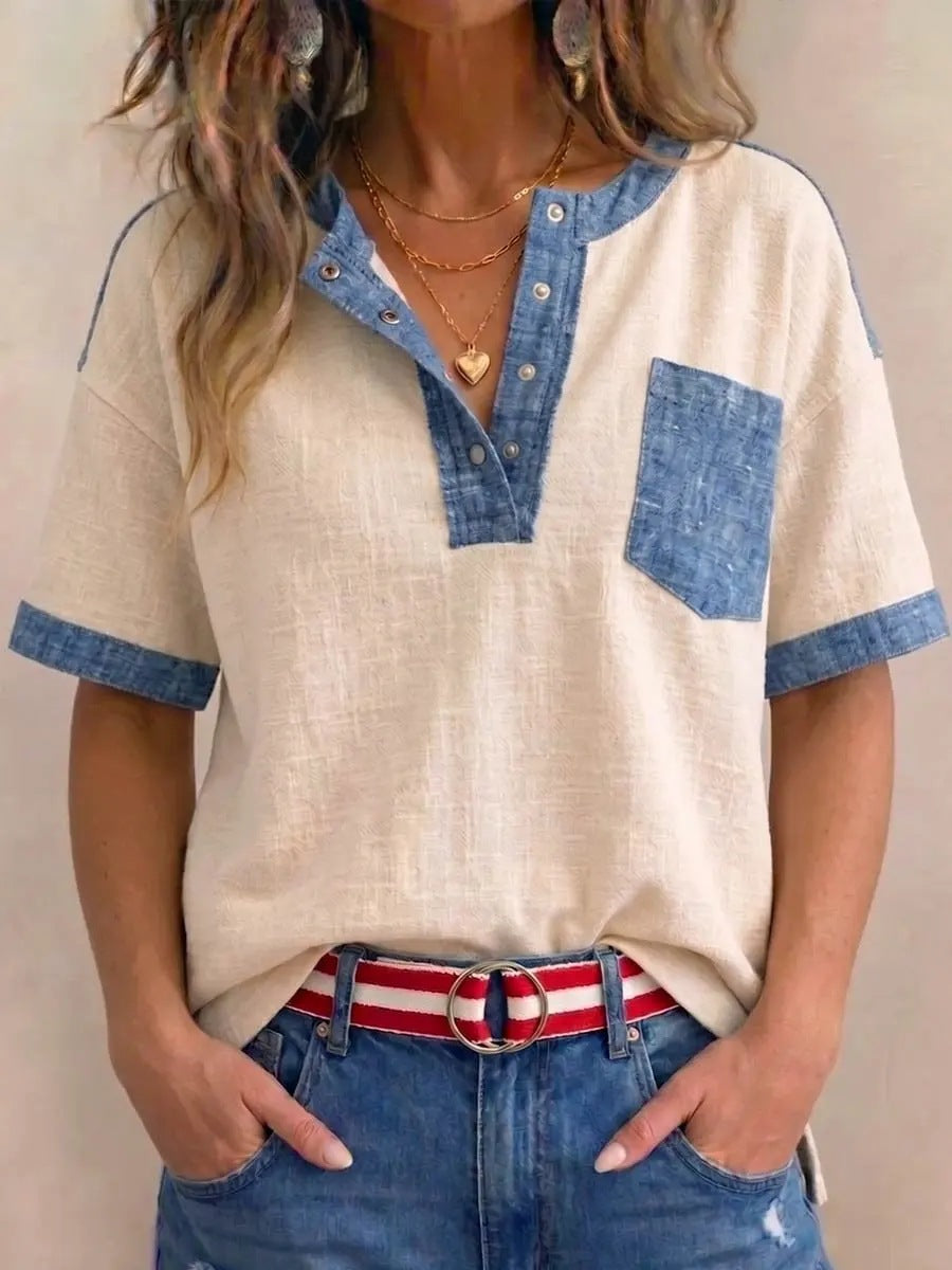 Women's Casual Loose-Fitting Patchwork Short-Sleeve Top