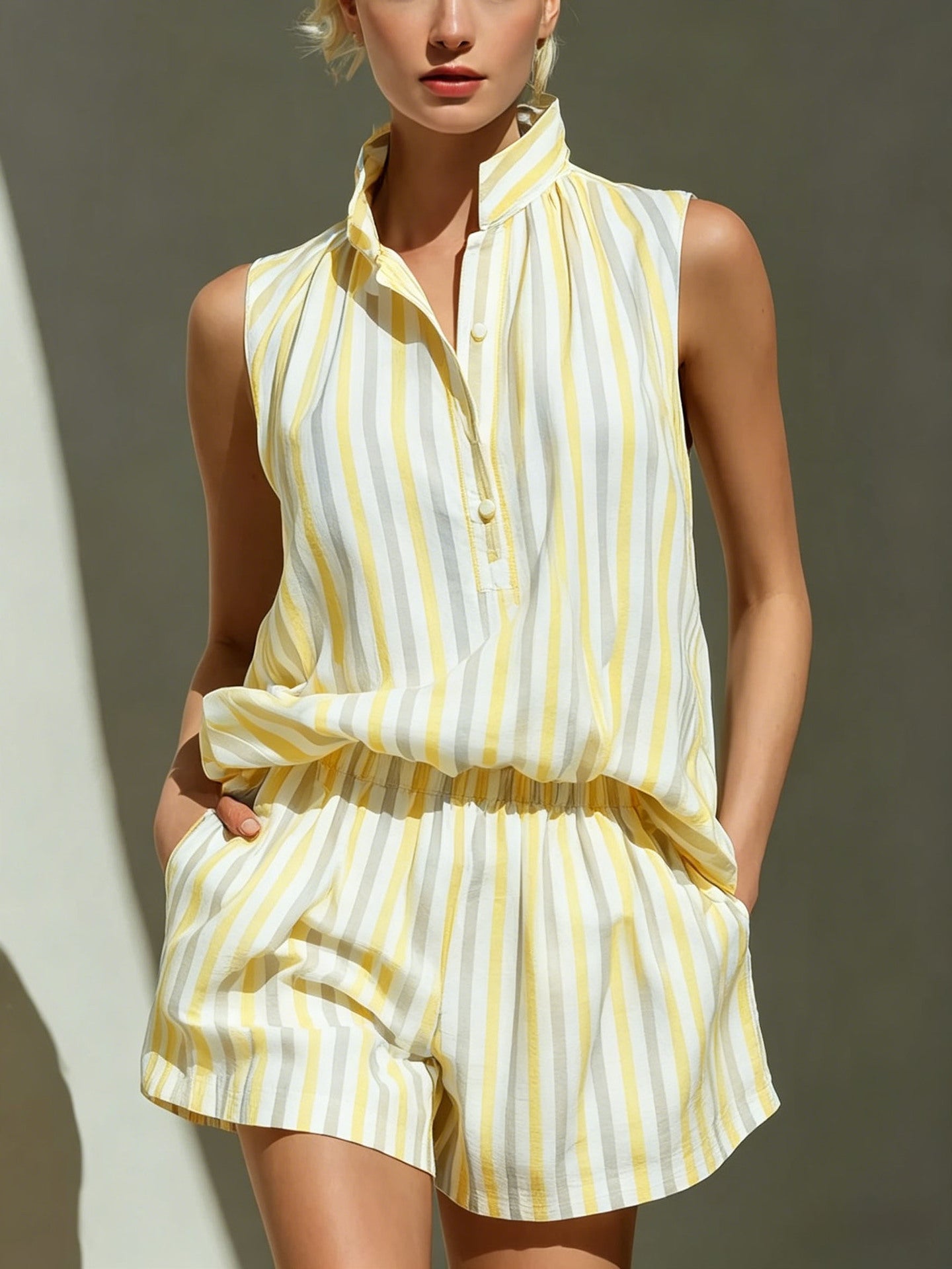 Sleeveless Stand Collar Striped Vest And Casual Shorts Two-Piece Set