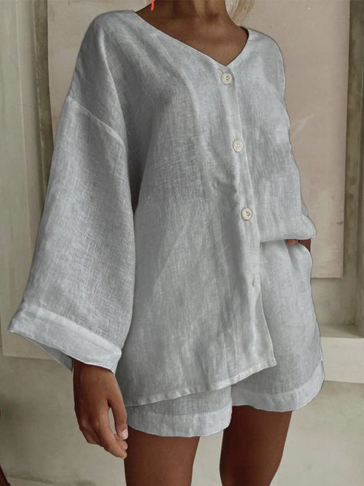 Fashionable Cotton-Linen Shirt And Shorts Casual Set