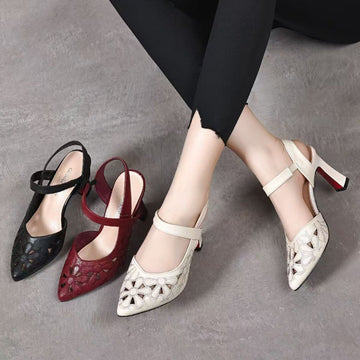 New Stylish Pointed-toe, Back-cutout Soft-leather Closed-toe High-heeled Sandals