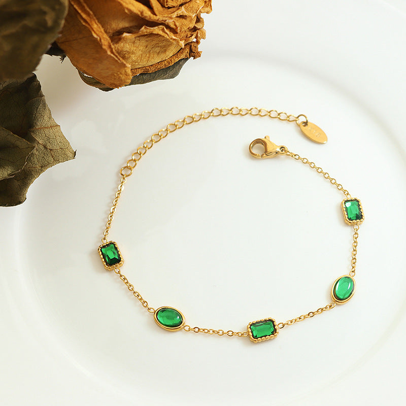 Jewelry Emerald Zircon-Inlaid Titanium Steel Gold-Plated Bracelet