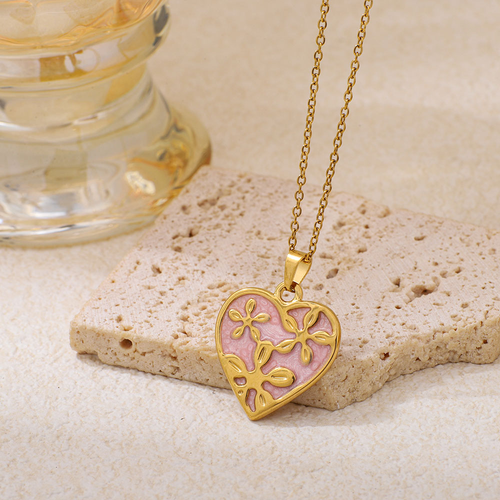 Stainless Steel Dripping Oil Heart-shaped Pendant Necklace