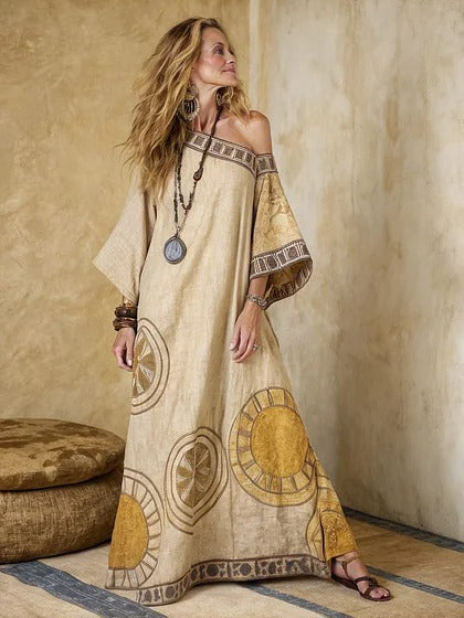 Printed V-Neck Three-Quarter Sleeve Long Kaftan Dress