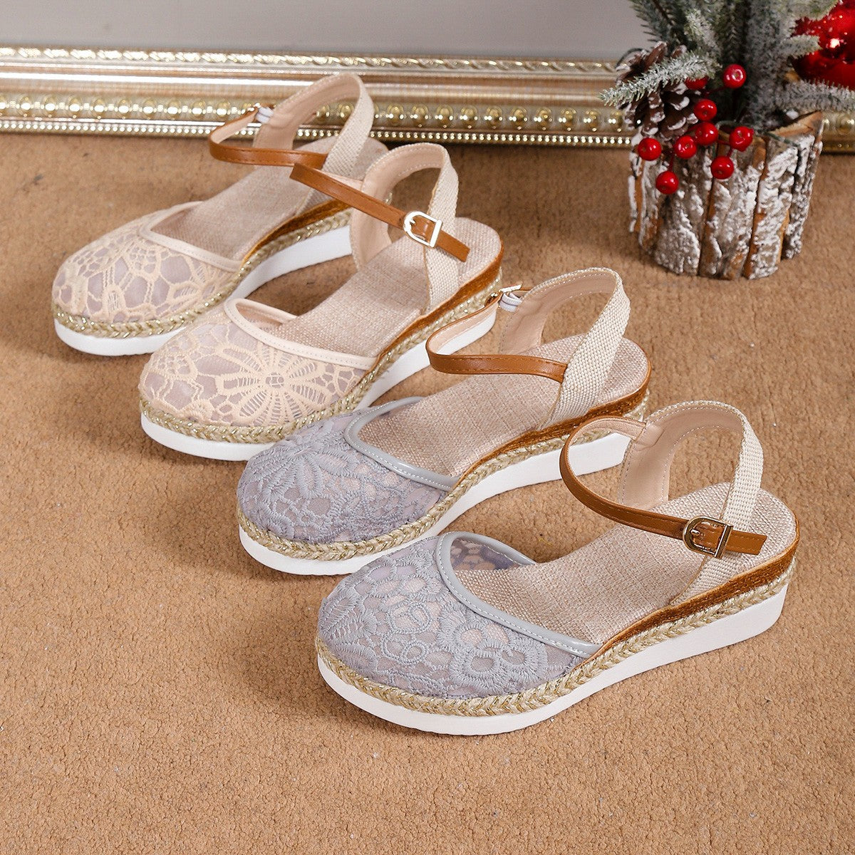 Womens Plus-Size Mesh Breathable Embroidered Stylish High-Heel Sandals