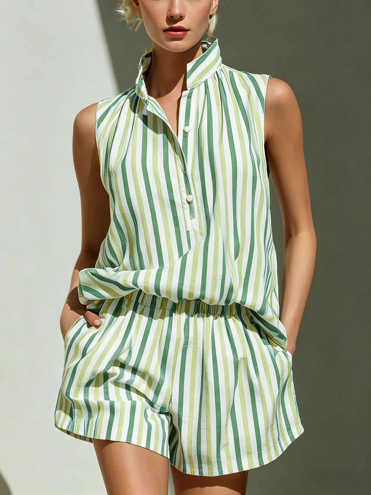 Sleeveless Stand Collar Striped Vest And Casual Shorts Two-Piece Set