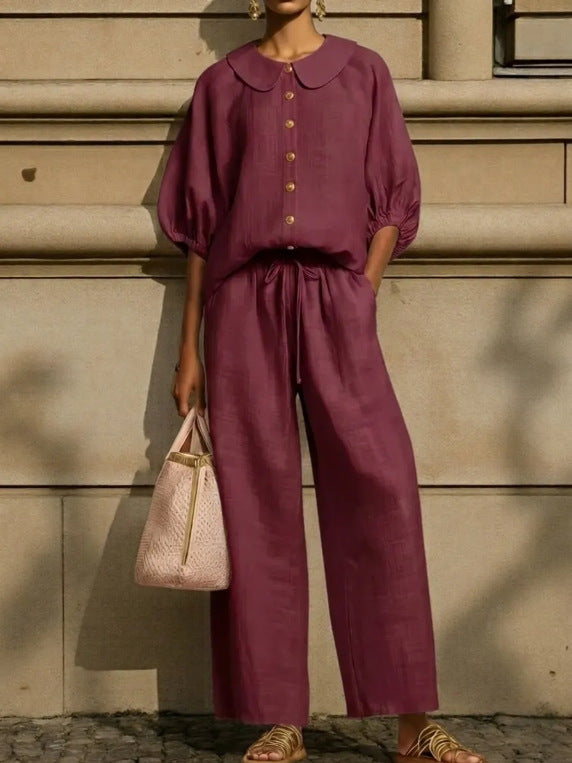 Womens Cotton-Linen Lantern-Sleeve Shirt Set