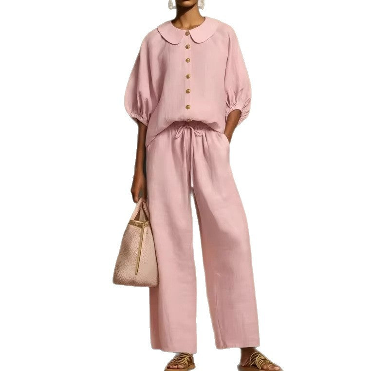 Womens Cotton-Linen Lantern-Sleeve Shirt Set