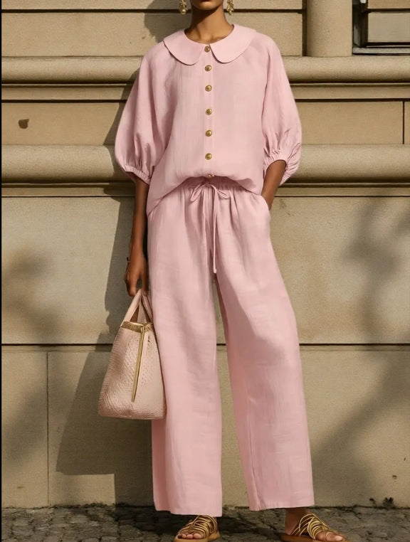 Womens Cotton-Linen Lantern-Sleeve Shirt Set