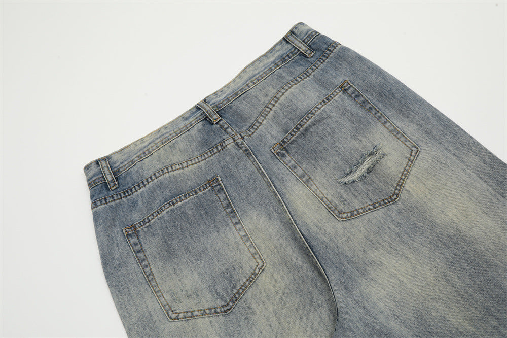 Waste Soil Raw Edge Denim Trousers For Men