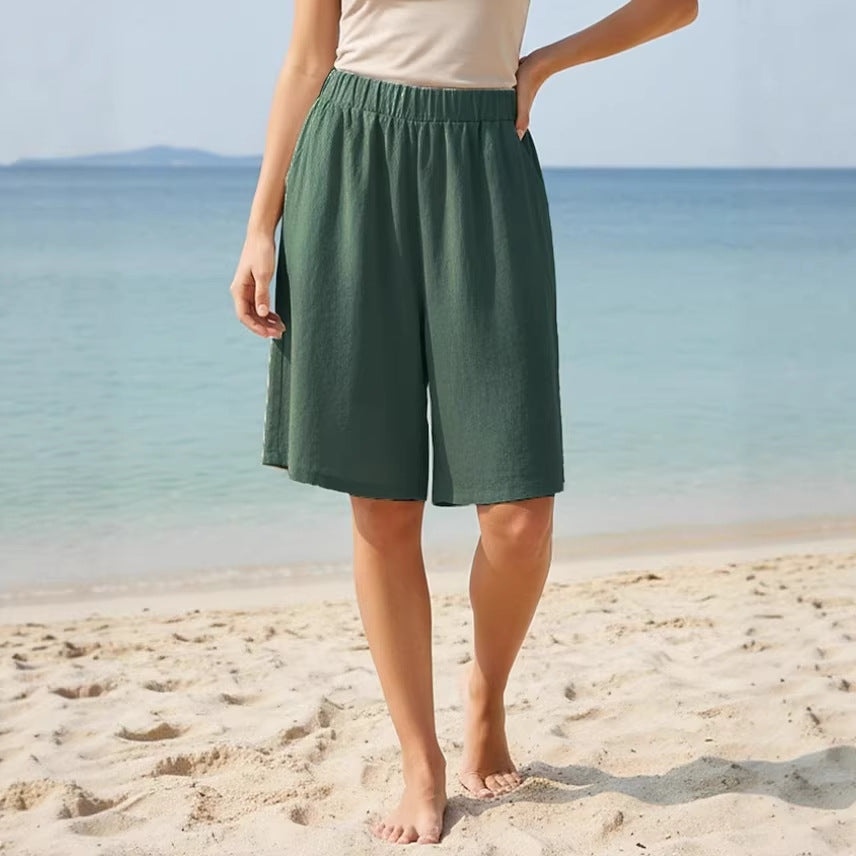 Summer Loose Casual Cotton-Linen Elastic-Waist Wide-Leg Shorts For Women