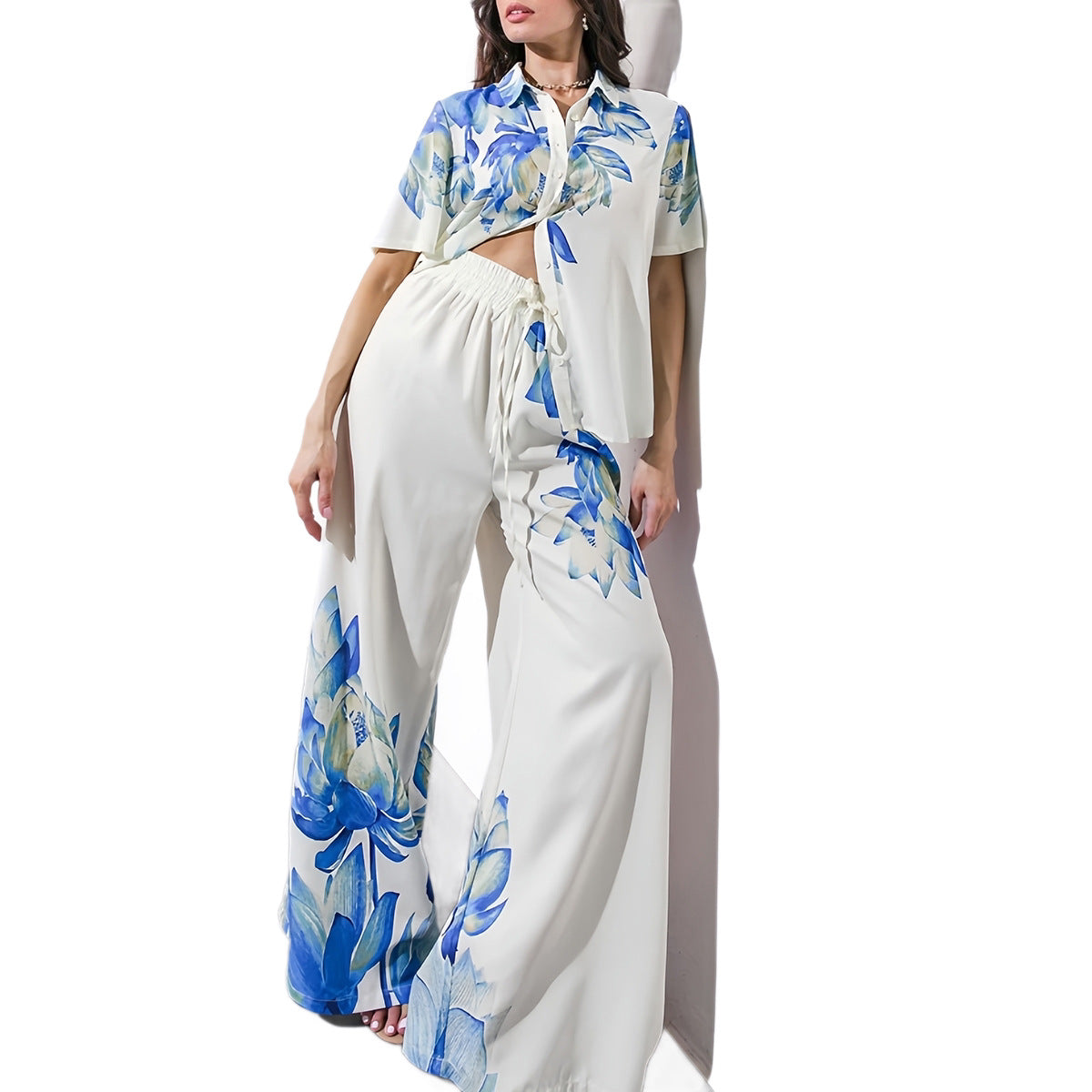 Summer European And American Style Floral Print Wide Leg Pants Set For Women