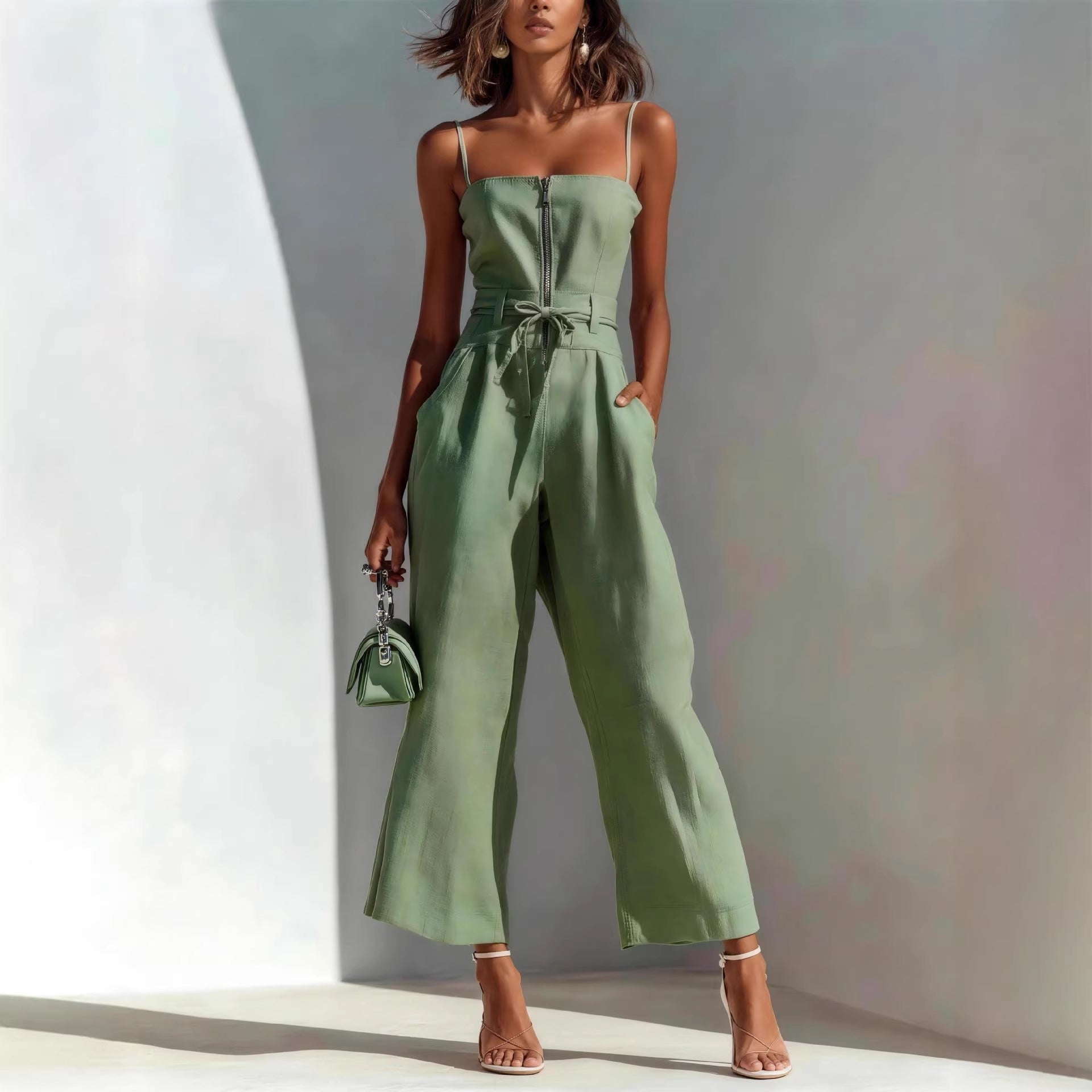 Strapless Sleeveless Lace-up Womens Jumpsuit With Wide-leg Trousers