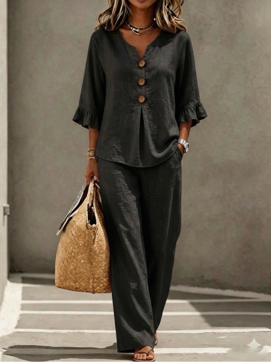 Womens V-neck Ruffle Three-Quarter Sleeve Top And Pants Two-Piece Set