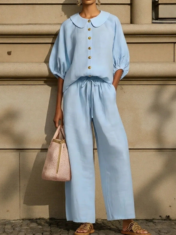 Womens Cotton-Linen Lantern-Sleeve Shirt Set