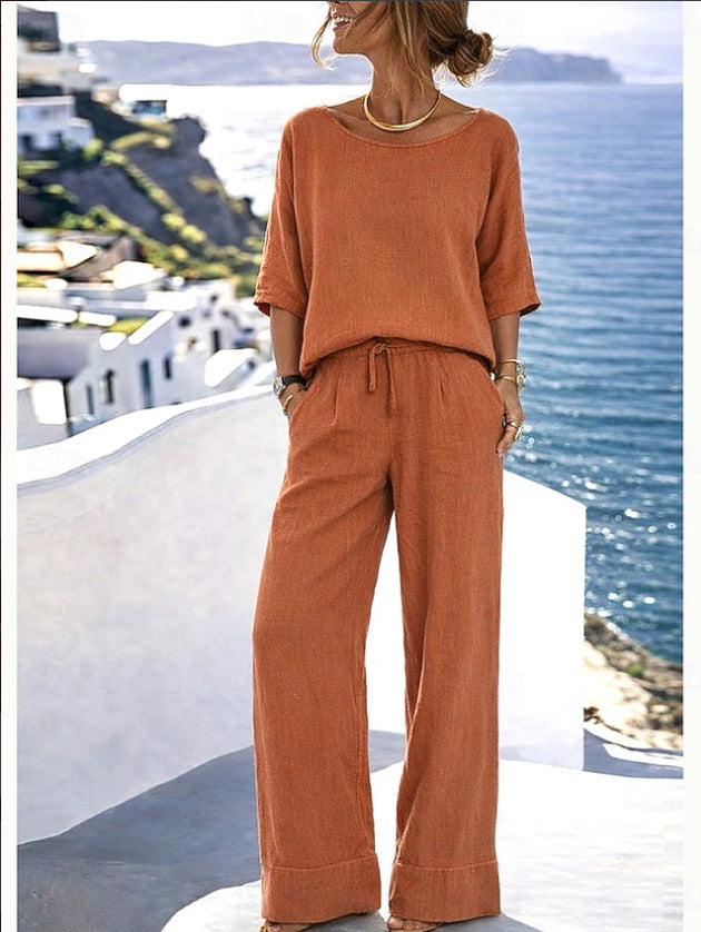 Cotton-Linen Minimalist Elegant Resort Short-Sleeve Pants Set