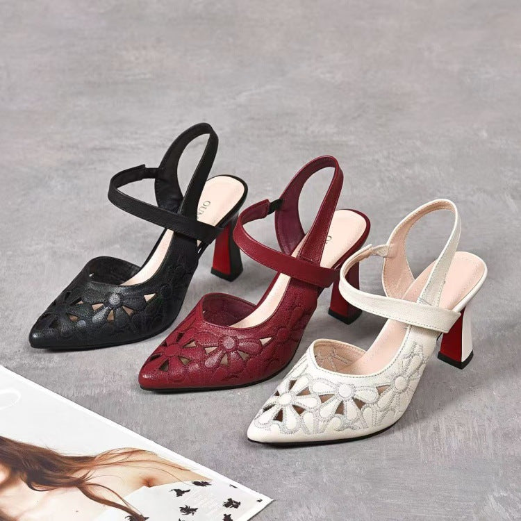 New Stylish Pointed-toe, Back-cutout Soft-leather Closed-toe High-heeled Sandals
