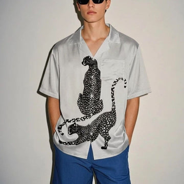 Retro Satin Cuban Collar Mens Short-Sleeve Shirt