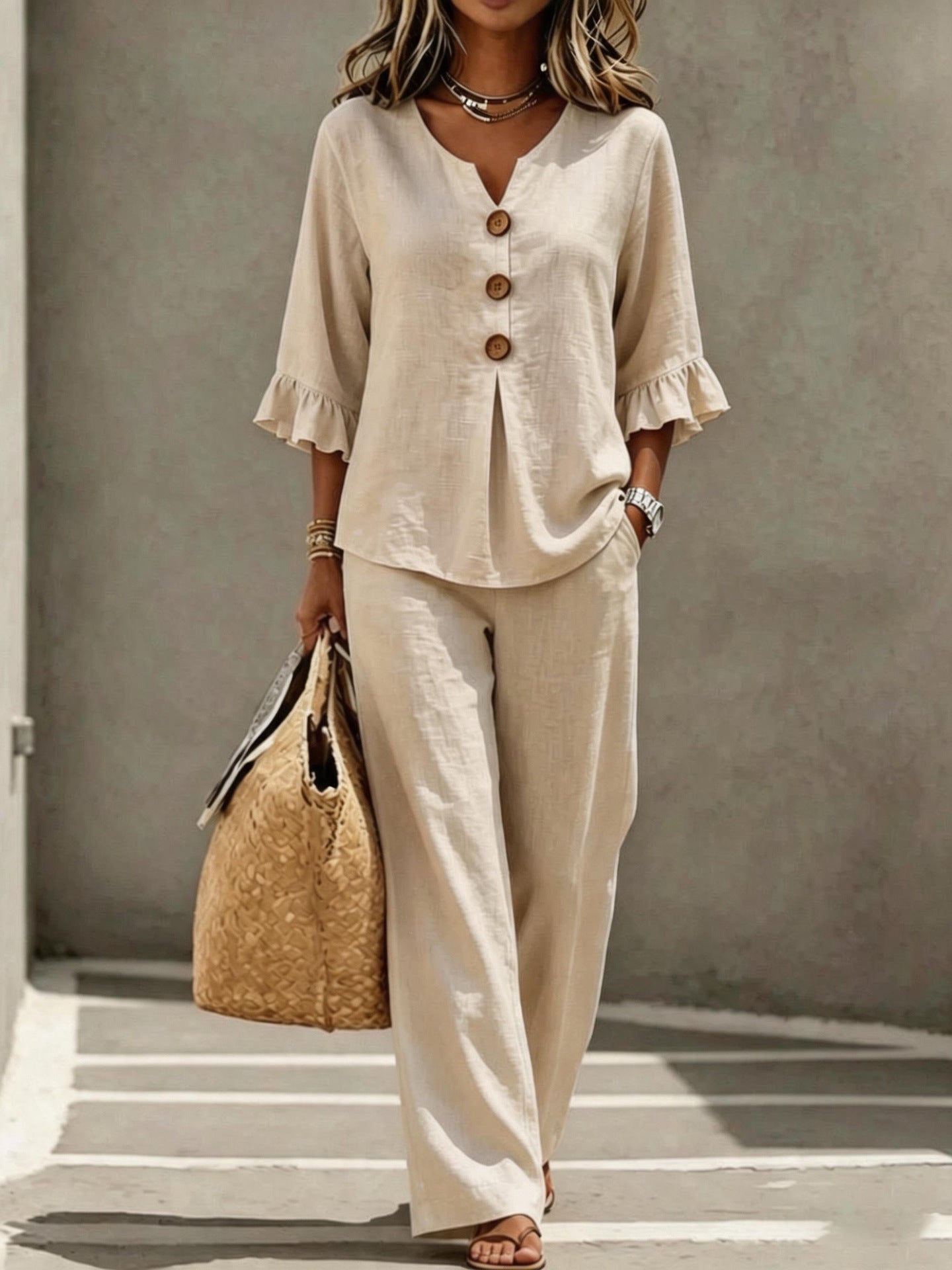 Womens V-neck Ruffle Three-Quarter Sleeve Top And Pants Two-Piece Set