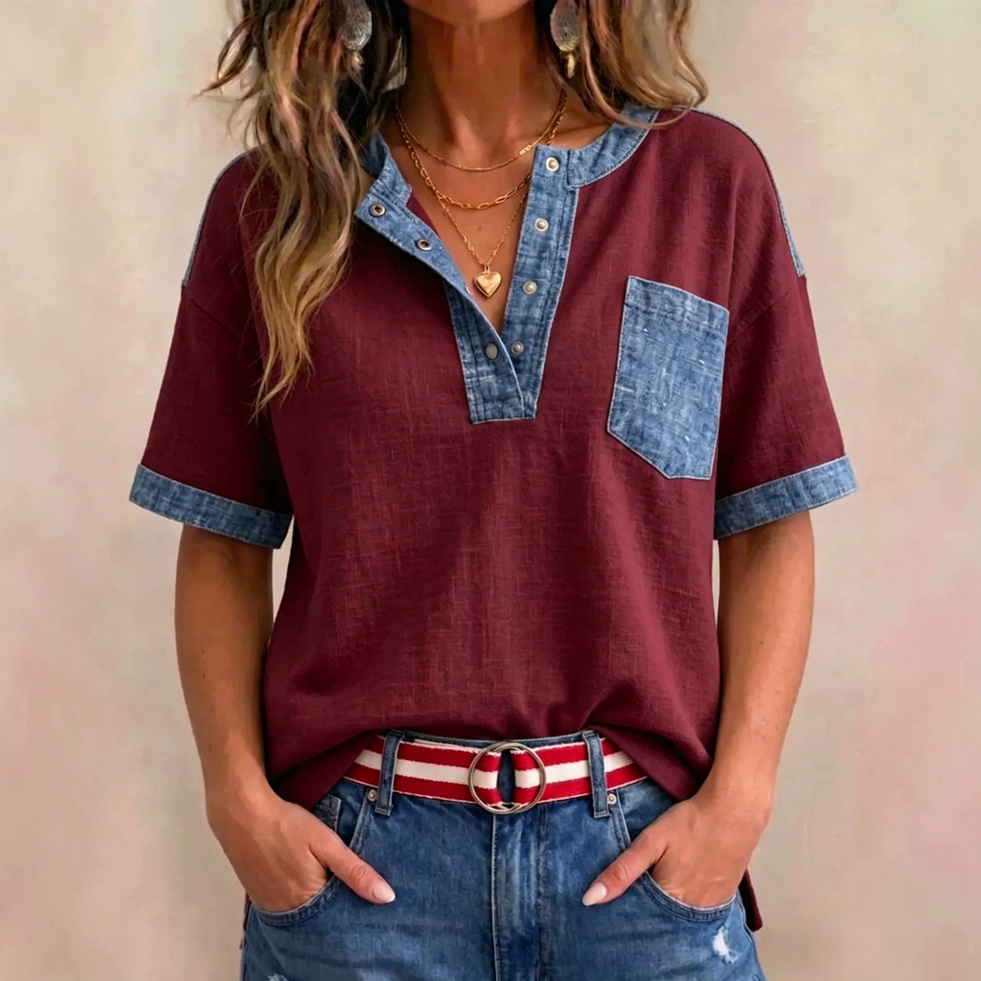 Women's Casual Loose-Fitting Patchwork Short-Sleeve Top