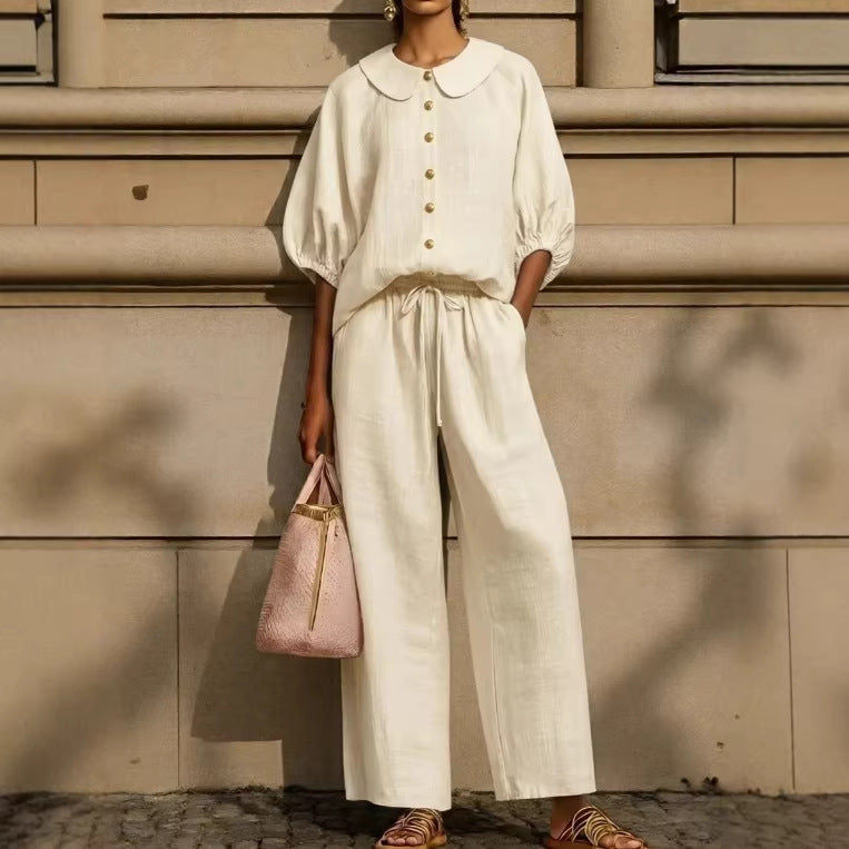 Womens Cotton-Linen Lantern-Sleeve Shirt Set