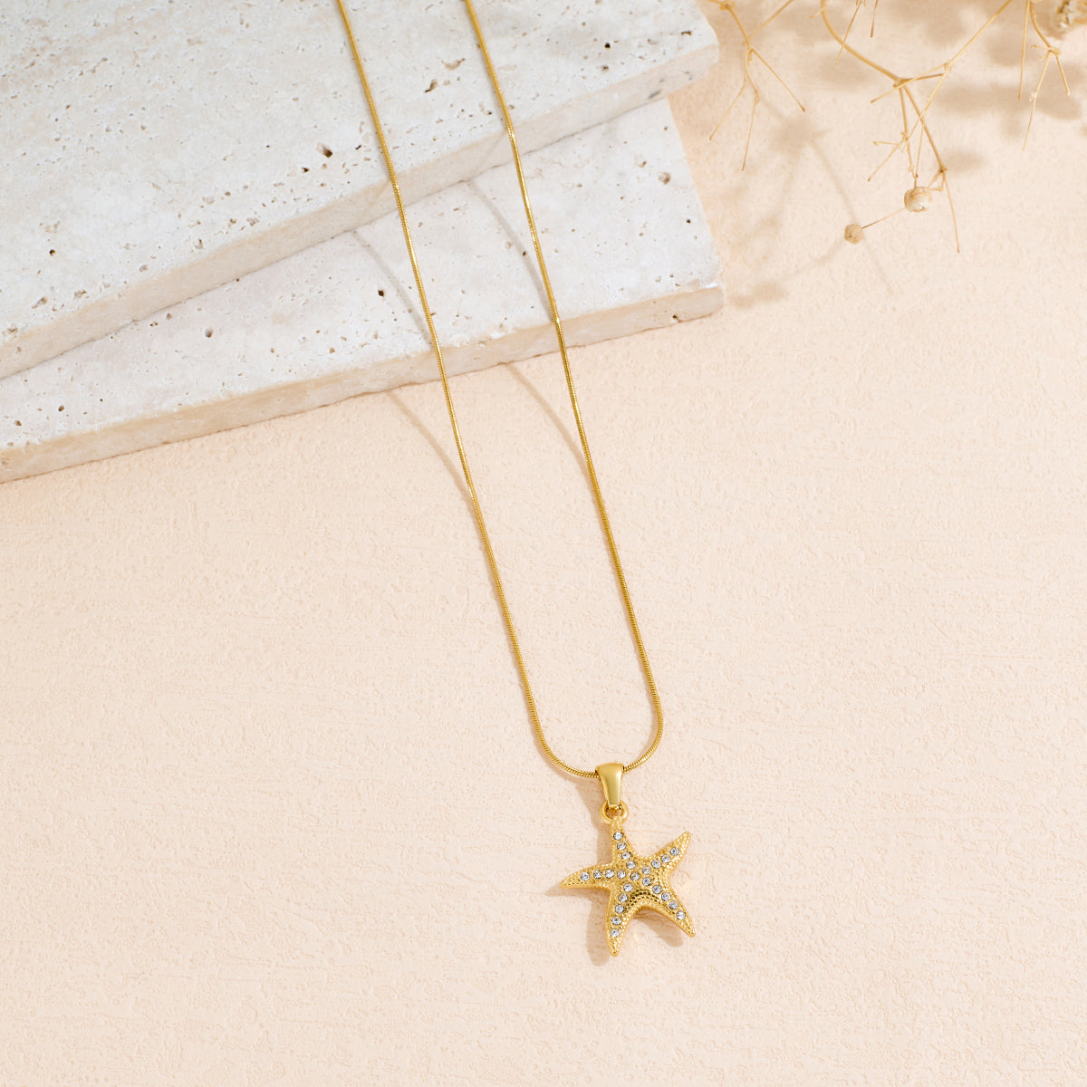 Ocean Wind Starfish Style Stainless Steel Inlaid Rhinestone Pendant Necklace