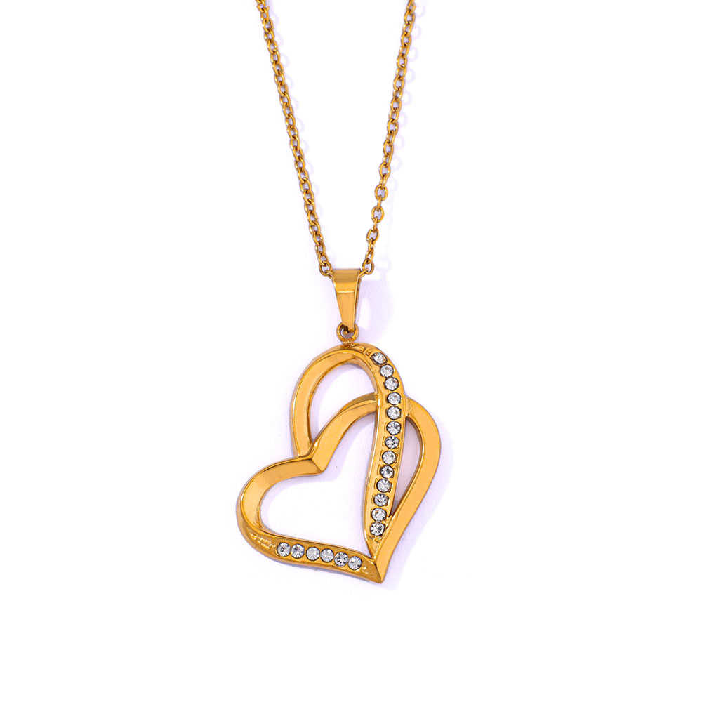 Stainless Steel Heart-shaped Pendant Necklace With Rhinestone Inlay