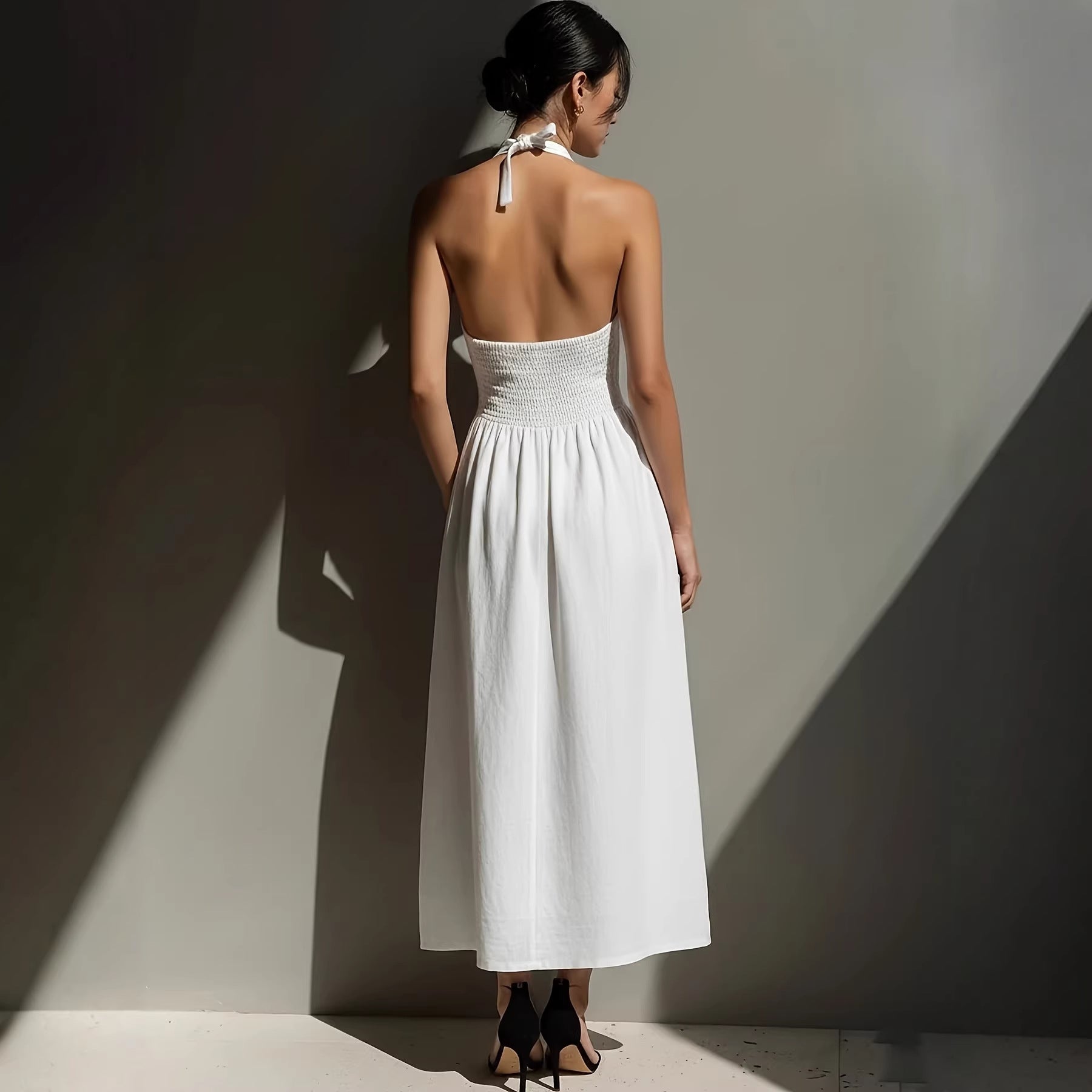 Women's Solid Color Halter Neck Off-Shoulder Dress