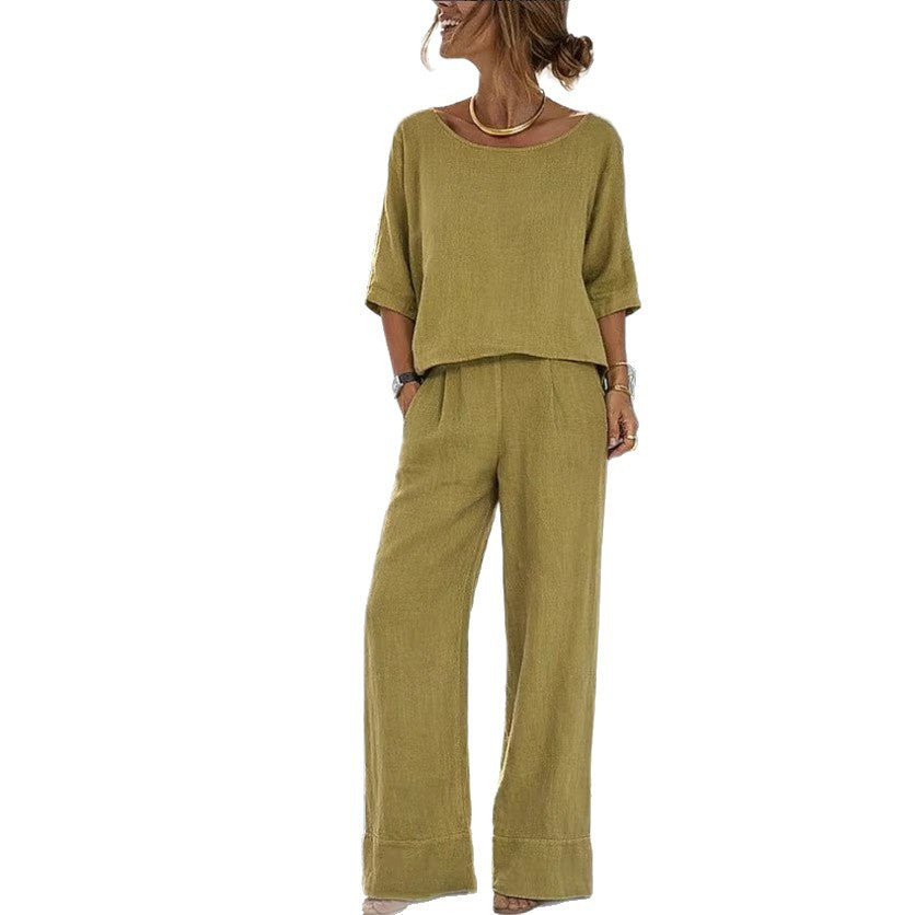 Cotton-Linen Minimalist Elegant Resort Short-Sleeve Pants Set