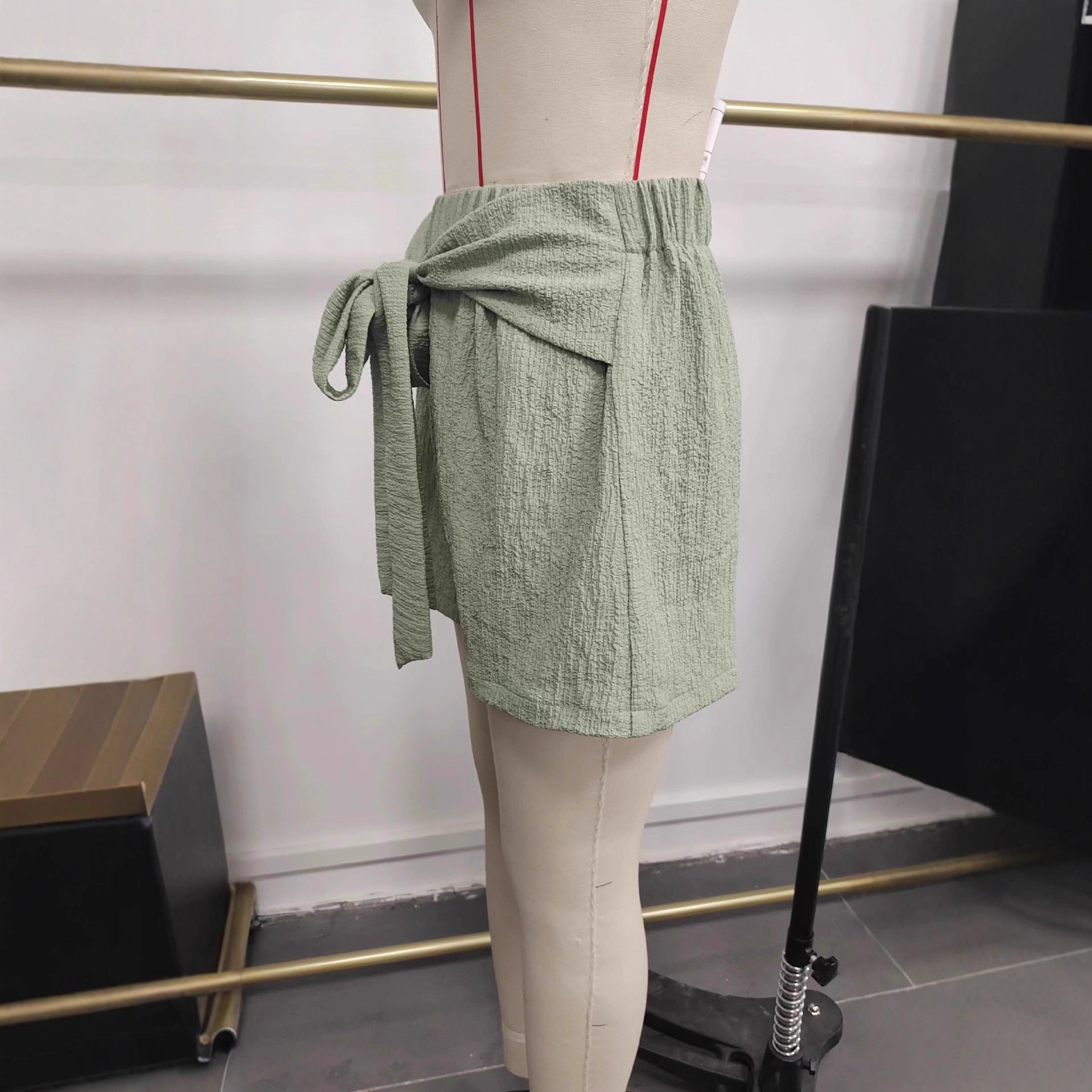 Waist-tie Front-pleated Elastic-waistband Wide-leg Shorts