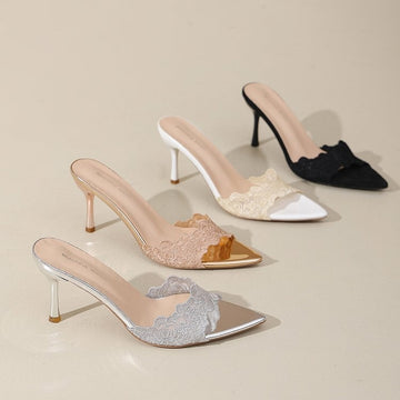 2026 Summer New French Lace Pointed Toe Slides Gentle Style Stiletto Outdoor Women Sandals
