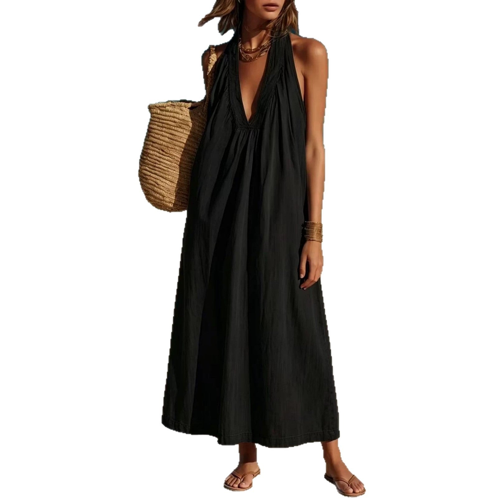 Womens Long Sleeveless Cotton-Linen Comfortable Dress