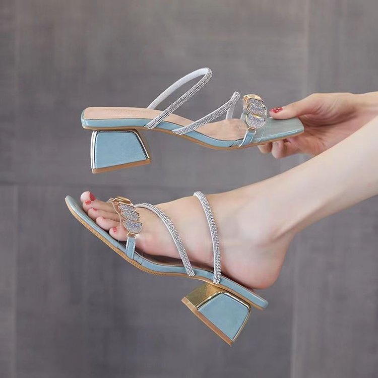 Women's Korean Style Slide Sandals Summer Outdoor Wear Chunky Heel Fashion Rhinestone Sandals 2026 New Trendy Mid Heel Single Strap Women's Shoes