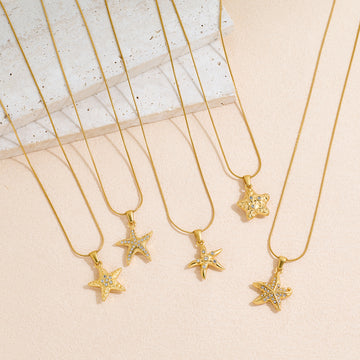 Ocean Wind Starfish Style Stainless Steel Inlaid Rhinestone Pendant Necklace