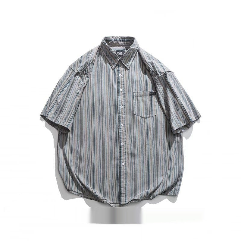 Japanese Style Striped Vintage Short Sleeve Shirt For Men