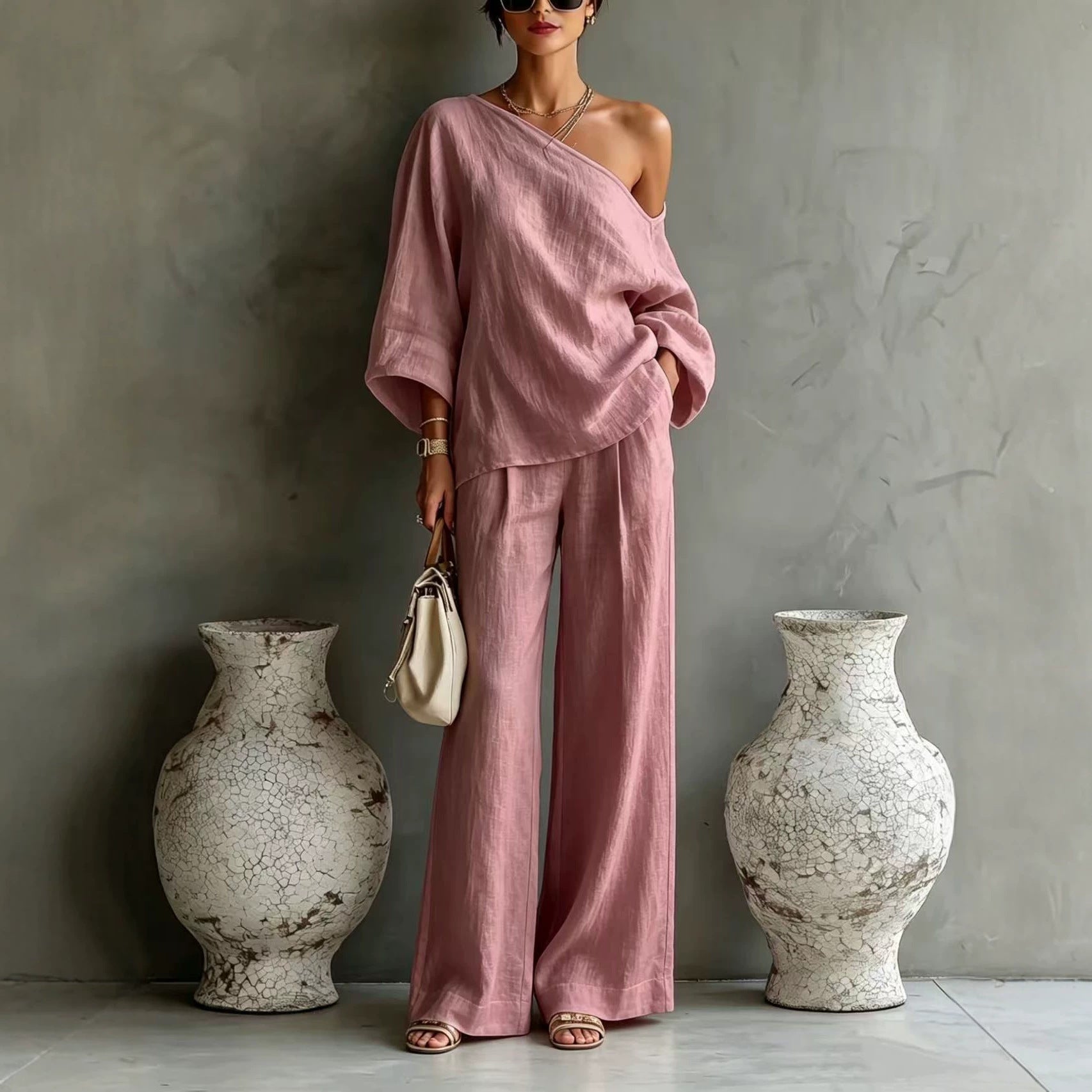 Elegant Off-shoulder Top And Loose Wide-leg Pants Set In A Relaxed, Laid-back Style