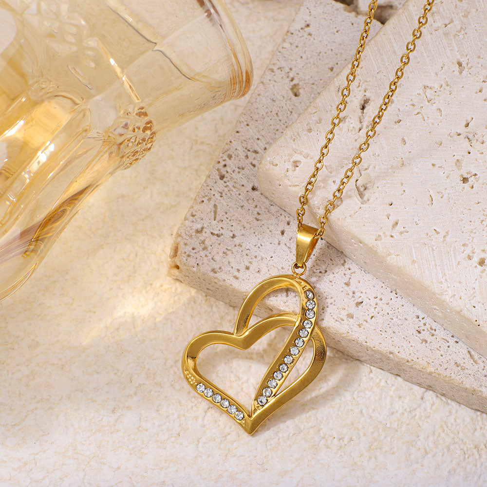 Stainless Steel Heart-shaped Pendant Necklace With Rhinestone Inlay