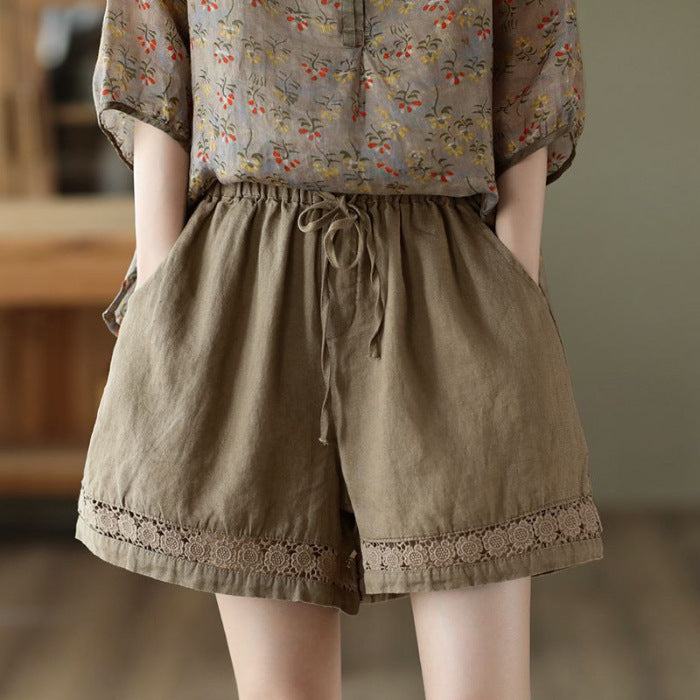 Thin Elastic-Waist Lace-up Hollowed-Out Casual Cotton-Linen Straight Pants