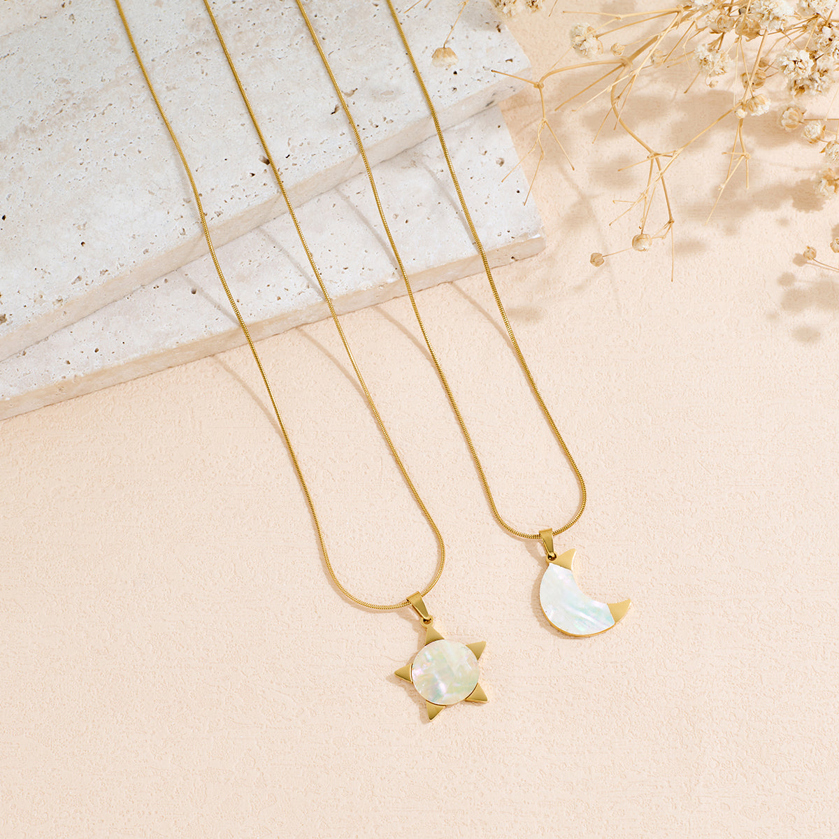 Stainless Steel Moon And Star-shaped Inlaid Shell Pendant Necklace