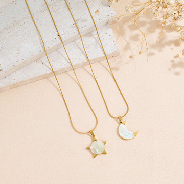 Stainless Steel Moon And Star-shaped Inlaid Shell Pendant Necklace