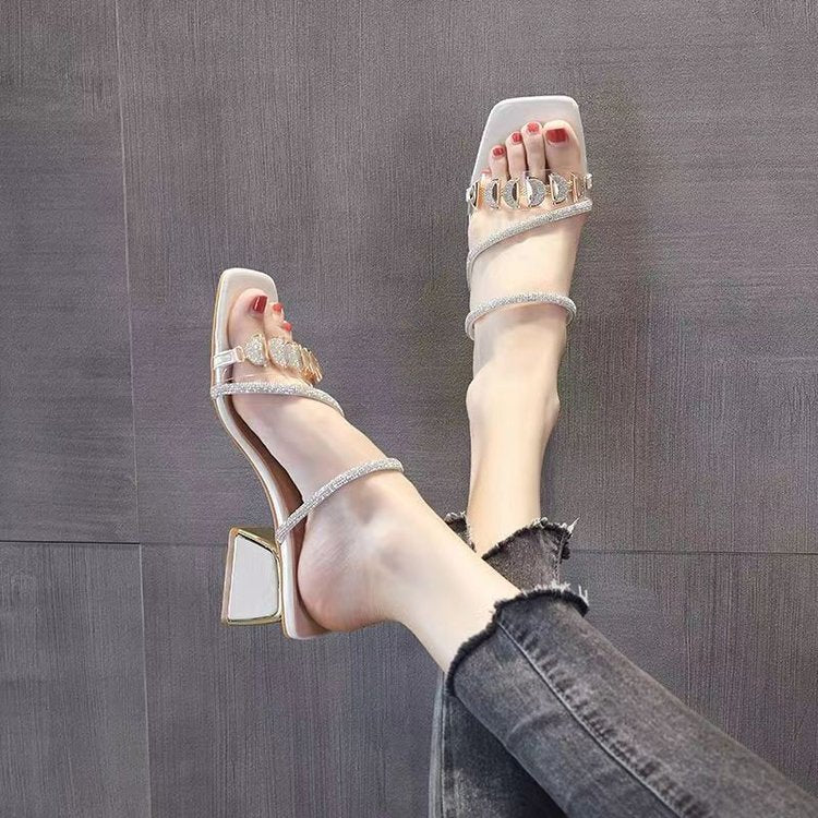 Women's Korean Style Slide Sandals Summer Outdoor Wear Chunky Heel Fashion Rhinestone Sandals 2026 New Trendy Mid Heel Single Strap Women's Shoes