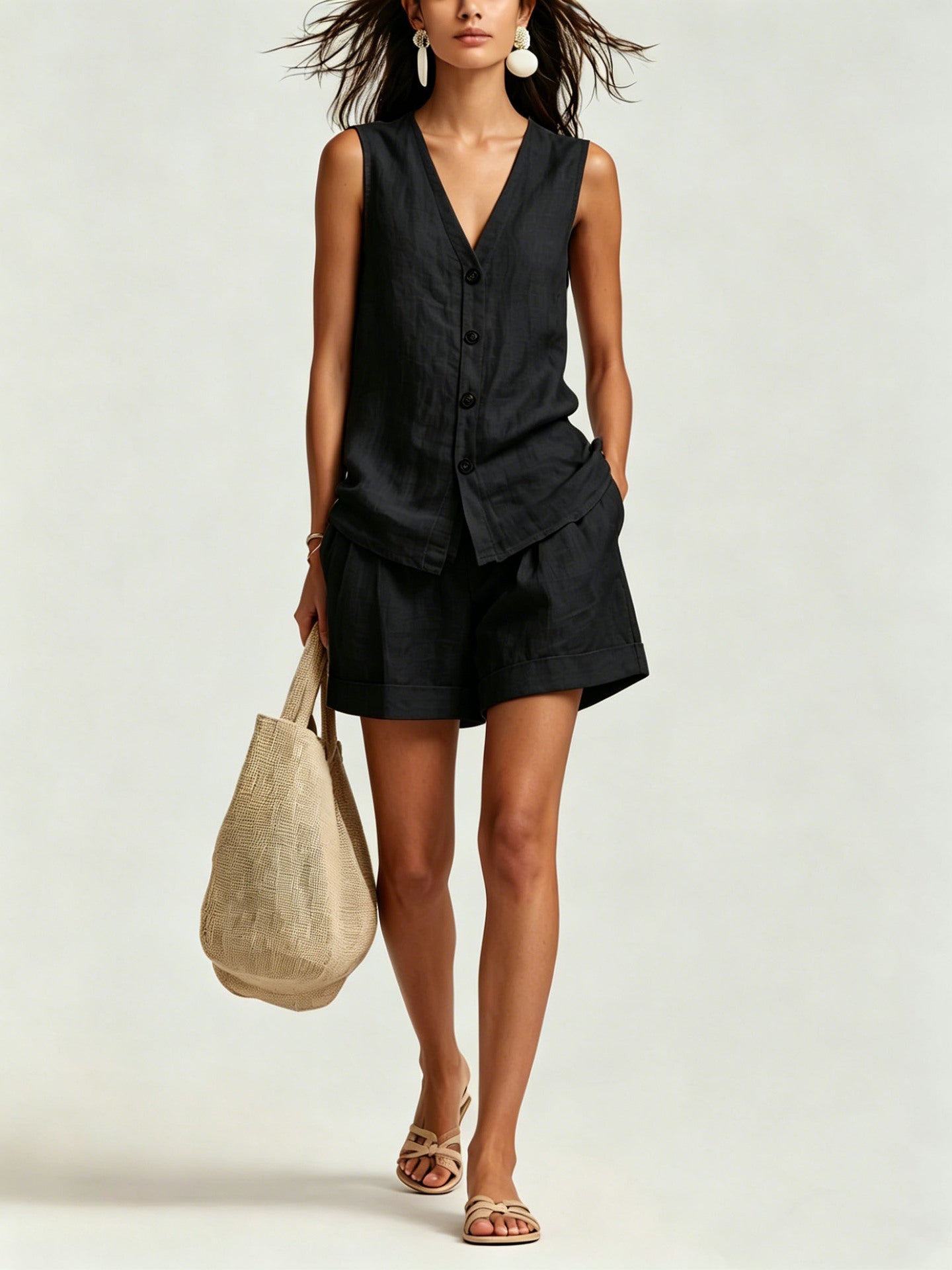 Women's Casual Sleeveless Vest And Shorts Set